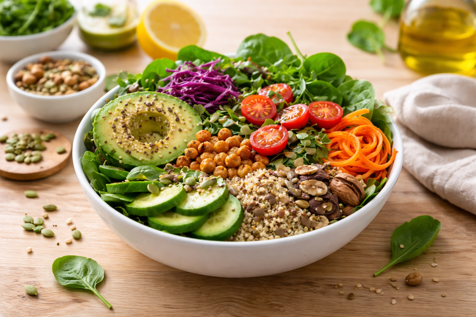 healthy colorful bowl with fresh leafy greens, nuts, seeds and vegetables on light wooden kitchen counter, natural daylight, clean wellness lifestyle composition